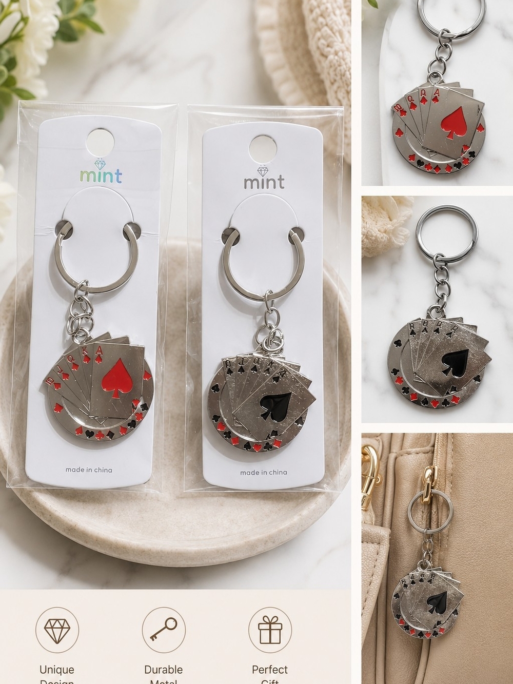 🃏 Playing Card Keychain / Purse Charm – Red or Black